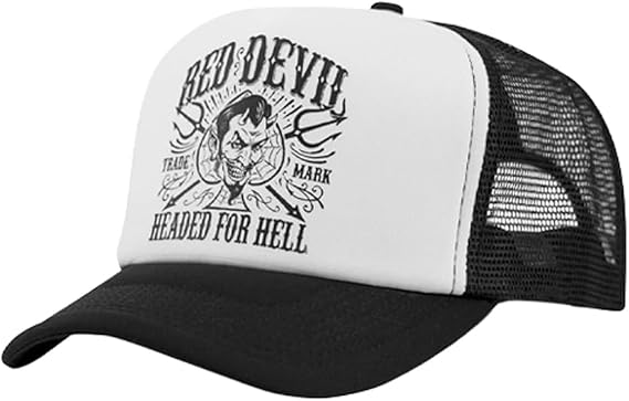 RED DEVIL CLOTHING Headed for Hell Trucker Hat - Adjustable Hats for Men - Mens Hats - Baseball Cap Black Hat Black/White
