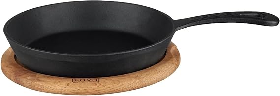 Cast Iron Frying Pan with Lava Wood Handle, Round, Suitable for All Stoves Including Induction