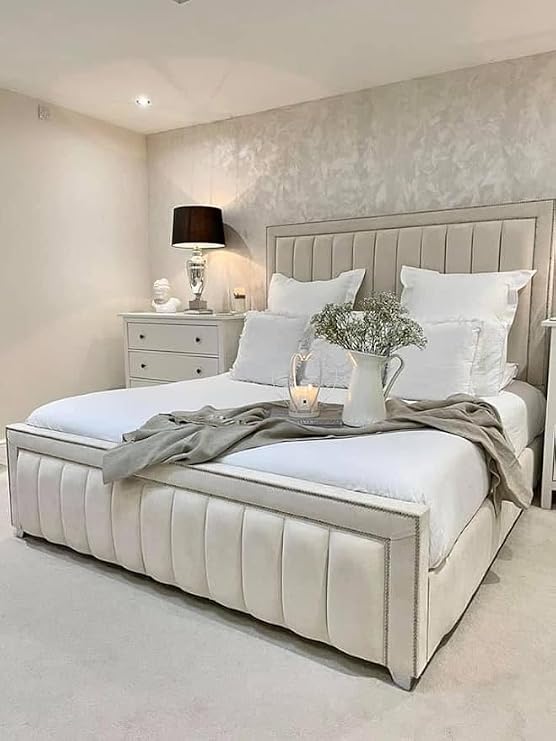 Home Interior Chesterfield Border Panel Bed Frame - UK made - Double/King/Super King Size Plush Velvet Fabric Upholstered (Cream Plush, Double 4ft6 Bed Frame)