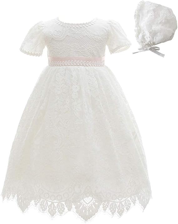 Baby Girls Lace Dress Christening Baptism Gowns Outfit with Bonnet