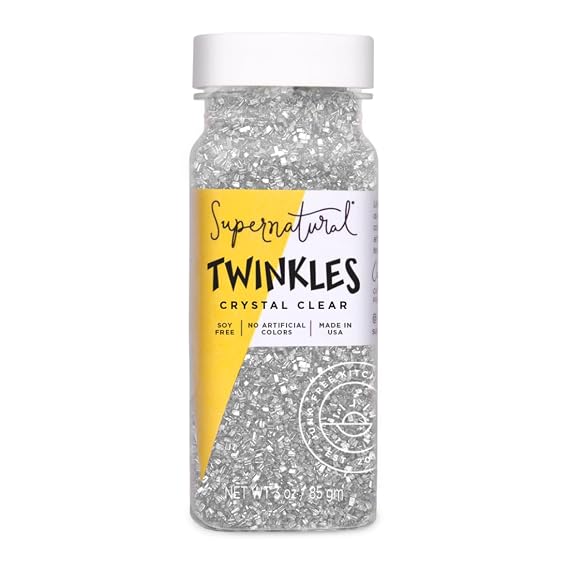 Supernatural Twinkles Sanding Sugar, Dye-Free, Made By Moms, Vegan 3oz | Clear sanding sugar sprinkles for cookies, muffins, hot chocolate, cupcakes, cakes, cocktails, and sparkling dessert decor.
