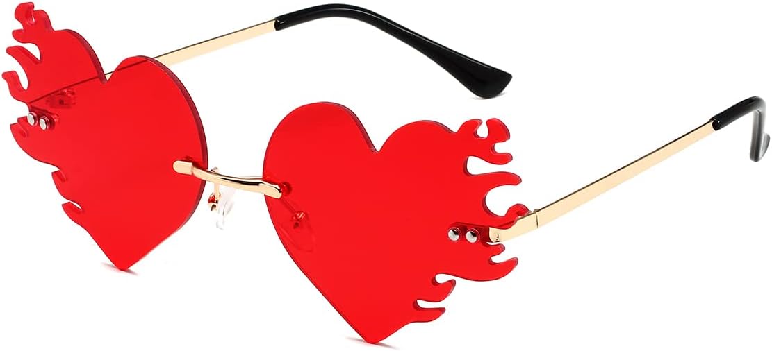 JOVAKIT Fire Heart Shaped Sunglasses for Women Men Vintage Rimless Flame Love Sun Glasses Retro Rave Party Halloween Glasses