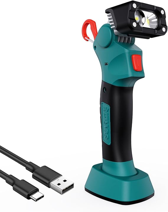 SUNREI LED Work Light/Flashlight Rechargeable, 1000 Lumens Handheld Mechanic Light with Magnetic Charging Base, 120 Rotatable Head, 4500mAh Battery, 5 Modes, IPX5 Waterproof for Garage, Car Repair