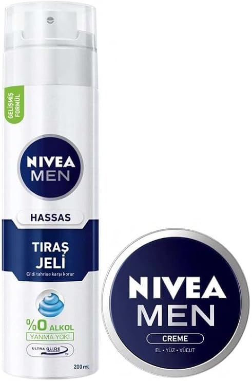 NIVEA Men Hassas Tıraş Jeli, Hassas Ciltlere Özel Hızlı Koruma 200ml ve NIVEA Men Creme Erkek Nemlendirici Bakım Kremi 30ml