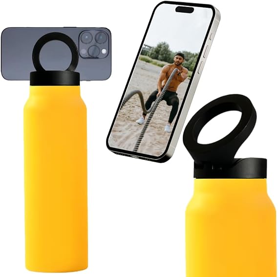 Magnetic Insulated Water Bottle 24oz Stainless Steel, Magnetic Phone Holder, Leak-Proof, Keeps Drinks Hot 12H & Cold 24H Perfect for Travel, Gym, Office & Great Gift for Men Women - Yellow