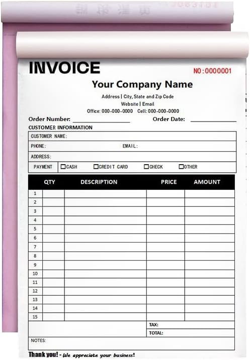 Custom Invoice Book for Small Business, Receipt Book with Carbon Copies, Personalized 2 Part/3Part Carbonless Order Form, Add Company Name (#2 Invoice 1, 2 Part[White/Yellow])