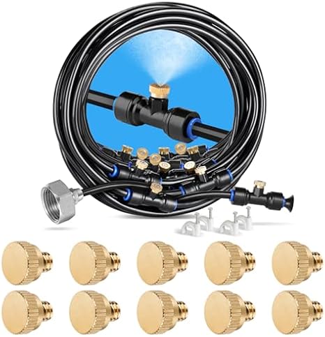 Misting Cooling System, 59FT (18M) Misting Line + 20 Brass Mist Nozzles + a Brass Adapter(3/4") + 10PCS Brass Misting Nozzle Plug for Outdoor Mister for Patio