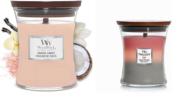 WoodWick Medium Hourglass Candle Coastal Sunset & Shoreline Bundle - Premium Soy Wax, Wood Wick, Made in USA