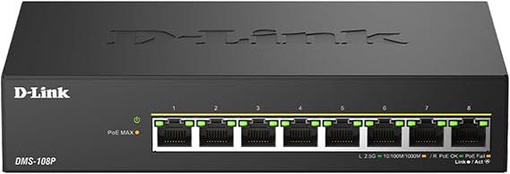 D-Link 8-Port 2.5Gb PoE (90W) Unmanaged Gaming Switch with 8 x 2.5G PoE - Multi-Gig, Network, Fanless, Plug & Play (DMS-108P)