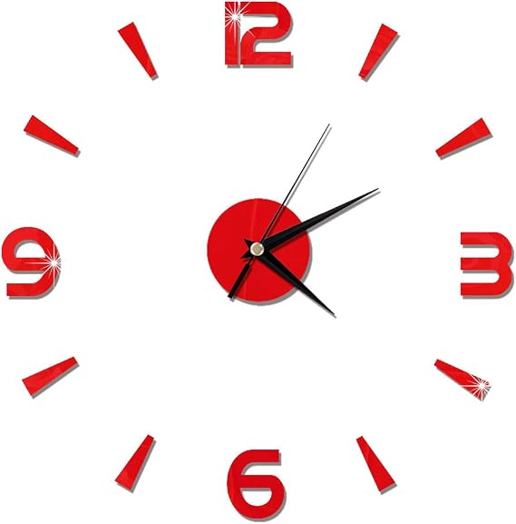 TITA-DONG Wall Clock Sticker, Frameless DIY Wall Clock 1mm Acrylic Mirror Watch Decor Large Modern 3D Wall Clock Sticker Clock kit Office Home Living Room Bedroom Decorations(Red)
