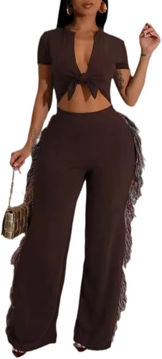 Women Casual Fringe Jumpsuit Short Sleeve Strap Tank Top Long Tassel Wide Leg Pants Romper Overall Outfits