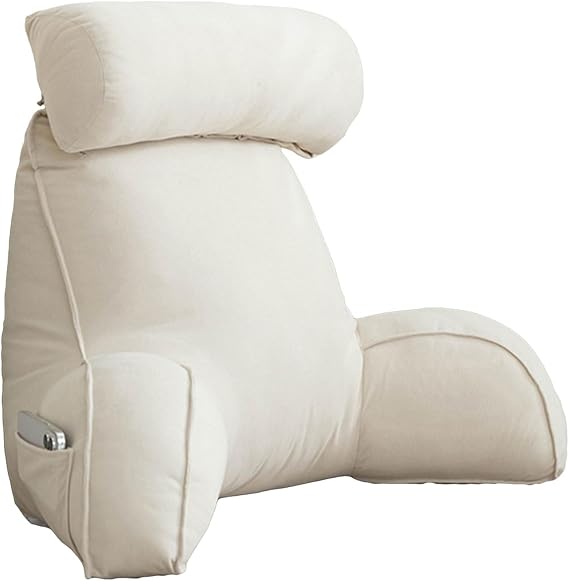 Reading Pillow with Detachable Neck Roll, Large Adult Backrest with Arms, Bed Rest Pillow with Side Pocket and Handle for Sitting in Bed Adult,Back Pillow for Watching TV/Gaming/Relaxing