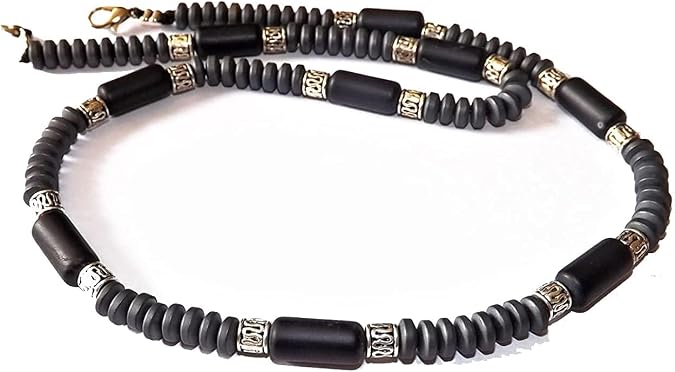 Liliya Jewelry Mens Black Onyx Choker Necklace - 20 Inch Short Beaded Surfer Collar - Hematite & Tibetan Silver Spacers - Tribal Boho Minimalist Jewelry for Him