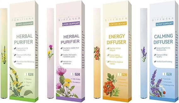 4 Pack Wellness Herbals Blend Diffuser Set, 2025 Upgraded Herbals Diffuser Stick with Extracts of Mullein/Thyme/Mint, for Cleansing Lungs, Improving Breathing and 0ral Air Freshening, Up to 600 Uses