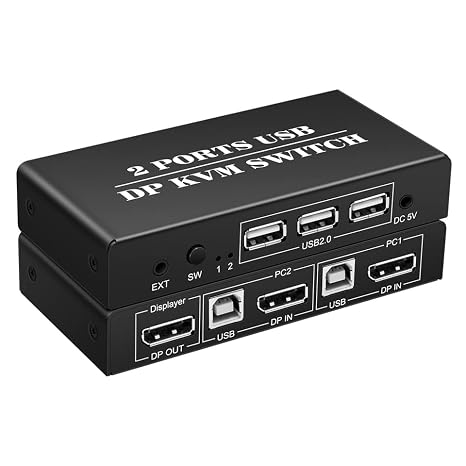 2 Port DisplayPort 2x1 DP KVM Switcher Switch DP 1.2 4K@60Hz Supports USB 2.0 Devices Control up to 2 DP Port Device with DP Cable