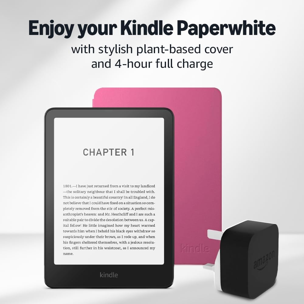 Kindle Paperwhite (2024 Release) 16 GB without ads, an Amazon Plant based Cover and an Amazon Powerfast 9W Power Adapter