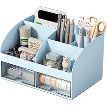 COMFYROOM Desk Organizer with 6 Compartments and 2 Drawers, Plastic Makeup Organizer, Pen Holder for Desktop Storage, Desk Organization for School, Home, Office Supplies (Blue)