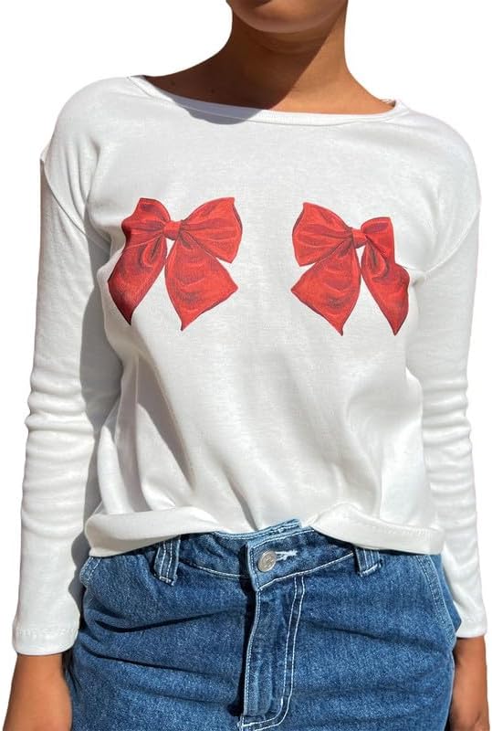 Women Y2K Graphic T-Shirt Ribbed Long Sleeve Crop Top Fairy Grunge Aesthetic Going Out Clothes