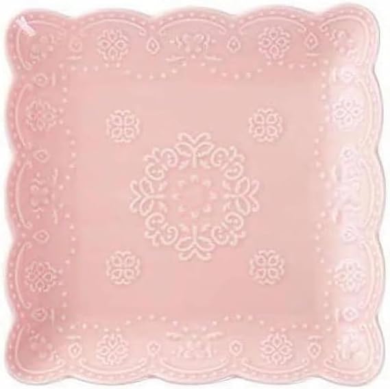 Ceramic Plate, Square Embossed Lace Plate (Pink, 6-inch)