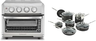 Cuisinart Air Fryer  Convection Toaster Oven, 8-1 Oven with Bake, Grill, Broil & Warm Options, Stainless Steel, TOA-70 & 14-Piece Cookware Set, Chefs Classic NonStick Hard Anodized, Gray, 66-14N