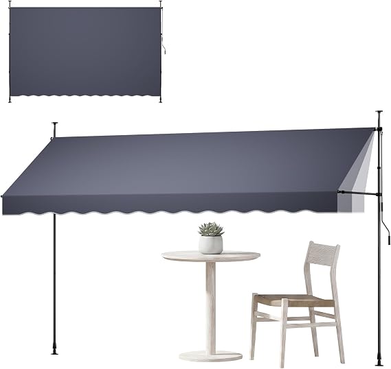 VEVOR Manual Retractable Awning, 157" x 59" Outdoor Patio Awnings Sunshade Shelter with 43"-59" Retractable Side Bar, No Drill Height Adjustable, Crank Handle for Backyard, Balcony, Dark Gray