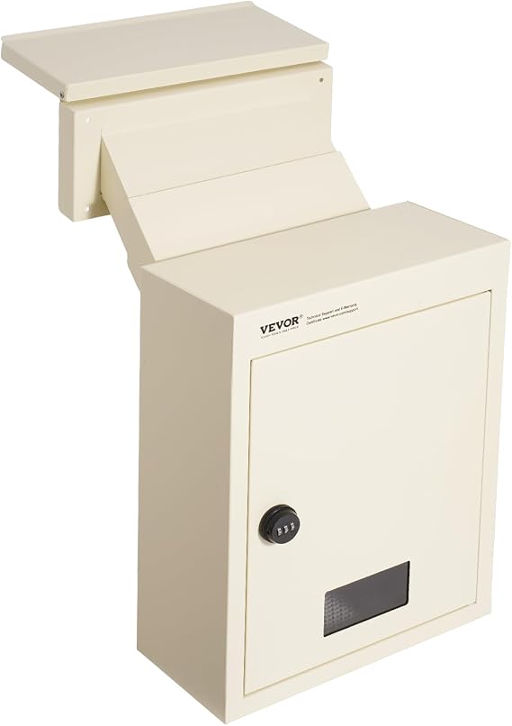 VEVOR Through The Wall Drop Box Deposit Safe 12.5x6.3x16.9, Rainproof Heavy Duty Steel Mailbox with Combination Lock for Wall Thickness 2.8"-7.9" Home Office, Locking Wall Mount Mail Drop Box, Beige