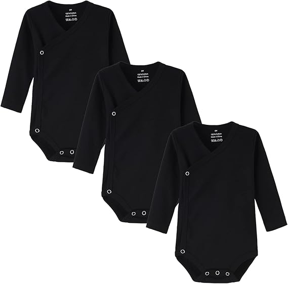 ACESTAR Baby Boy Girl Side Snap Bodysuits - 100% Cotton Plain Long Sleeve Baby Kimono for Newborn-12 Months, 3 Pack