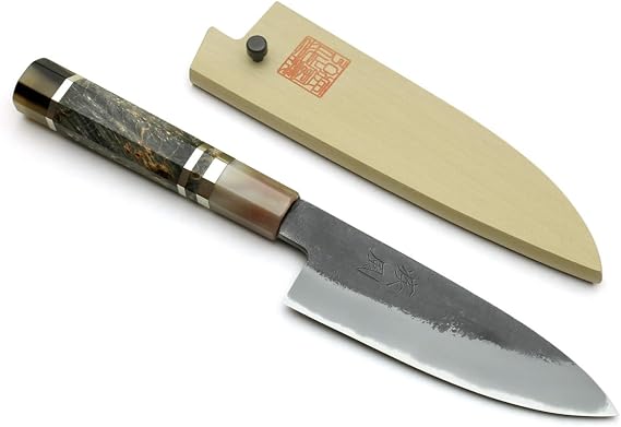 Yoshihiro Hayate Hinoura Kurouchi Black-Forged Blue Steel Stainless Clad Paring Knife (4.7" (120mm) & Saya)