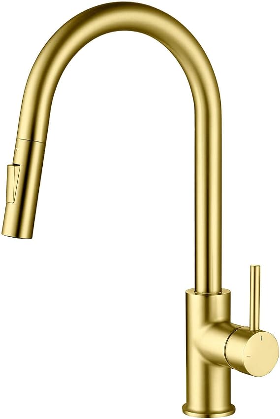 KIBI Pull Down Kitchen Faucet, Brushed Gold Kitchen Sink Faucet, Single Handle High Arc Faucet with Pull Down Sprayer, Solid Brass Construction, Dual Function Spray Head