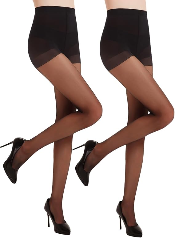 oeat 2 Pairs Women's Black Sheer Tights - Non Rip Silky Control Top Pantyhose for Reinforced Toes - Smooth & Durable