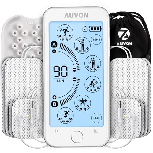 AUVON Touchscreen TENS Unit Muscle Stimulator, 24 Modes Dual Channel TENS Machine for Pain Relief Therapy, 2 x Battery Life, Continuous-Time Setting, Dust-Proof Bag, Cable Ties and 10 Electrode Pads