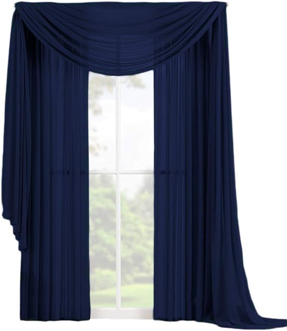 Decotex 3 Piece Elegant Sheer Voile Window Curtain Panel Drape Set includes 2 Panels and 1 Matching Scarf (95" Length, Navy Blue)