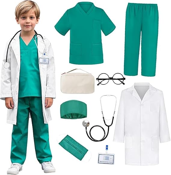 Doctor Costume for Kids Scrubs Halloween Costume Girls Boys 9 Pcs | Kids Pink Green Scrubs Set, Toddler Doctor Dress up Clothes with Real Stethoscope, Career Day Girls Boys Birthday Gift 3-11Y