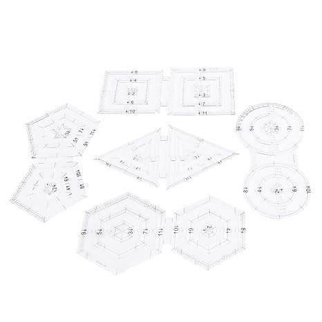 5Pcs Patch Work Ruler Set, DIY Sewing Tools, Acrylic Patchwork Ruler with Double Round Pentagon Hex, Multi Functional Measuring Cutting Template for Quilting and Handicrafts