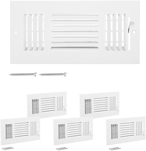 VEVOR 4 x 10 Inch Air Vent Covers, 6-Pack Return Air Vent Cover, HVAC 3-Direction Iron Vent Grilles for Wall & Ceiling, Rustproof Anti-Peeling Air Vents Deflector Adjustable with Metal Damper, White