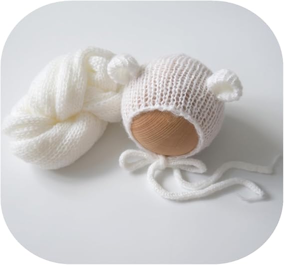 Newborn Photography Props Bear Bonnet & Wrap | Stretch Knit Costumes for Baby Girls Photoshoot, Infant Photo Shoot Costume Prop for Newborn Sessions