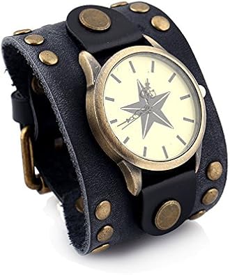 Men's Retro Punk Bracelet Watch, Trendy Rivet Wide Leather Men's Watch, Personalized Five-Pointed Star Dial Men's Hip-hop Rock Watch