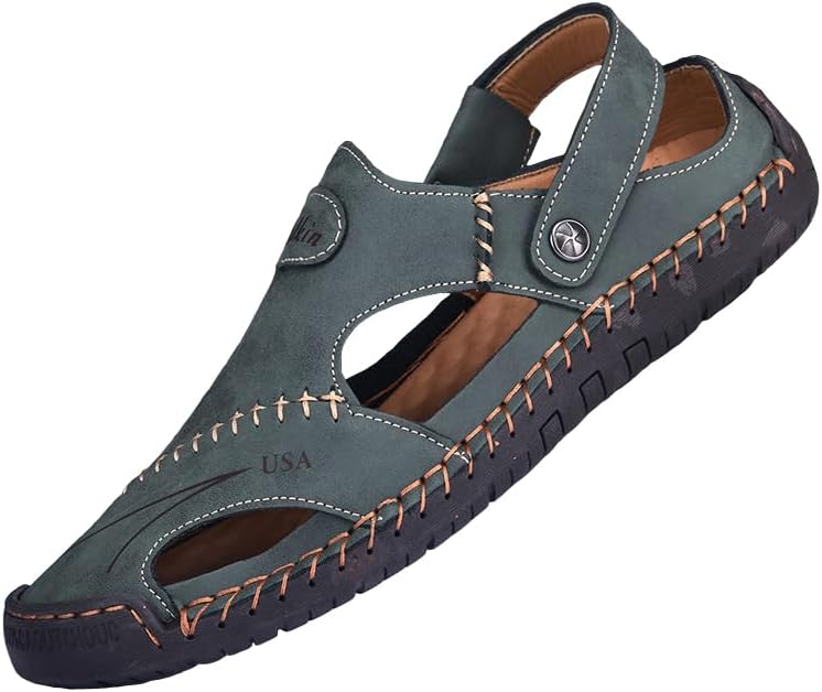 Men's Leather Fisherman Sandals, Closed Toe, Hollow Athletic Sandals Slip-on Roman Casual Summer Beach Slipper Shoes