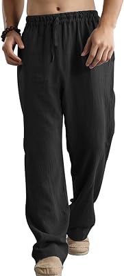 AIEOE Mens Casual Linen Pants Elastic Waist Pocket Drawstring Loose Trousers for Yoga Jogger Sports House