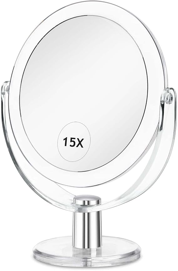 CLSEVXY Vanity Makeup Mirror with Stand, 1X/15X Magnification Double Sided 360 Degree Swivel, Portable Table Desk Counter top Magnifying Mirror, Tabletop Mirror for Bedroom or Dorm Room, 6.25 Inch