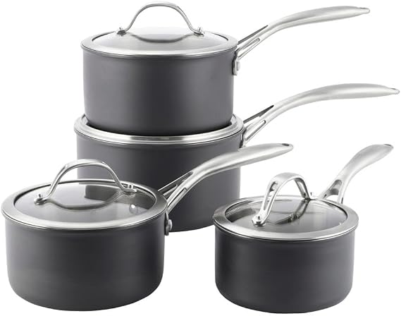 ProCook Professional Bi Ply Stainless Steel Saucepan Set - 4 Piece, 14/16/18/20 cm, Durable Heavy Duty Pots - Black, Induction Compatible Cooking Pans