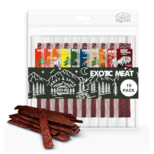 Jerky-n-Spice Exotic Jerky Variety Pack 10 Count | Beef Jerky Gifts for Men | Assorted High Protein Meat Snacks | Premium Gourmet Wild Game Sampler | Ideal for Birthday, Road Trip & Camping