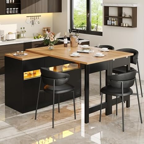 Merax Extendable Bar Table with LED Lighting & 360° Swivel, Adjustable 120-180 cm, Modern Kitchen Island with Storage, Dining & Work Table for Living Room, Dining Room, Home Office