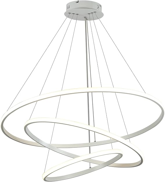 Led Chandeliers Ceiling Light,Dimmable 3 Ring Acrylic Chandelier Lighting Fixture,White adjustable Pendant Light For Kitchen Island Dining Room Living Room Foyer Hanging 20+40+60Cm/(7.87+15.7+23.6) [Energy Class F]