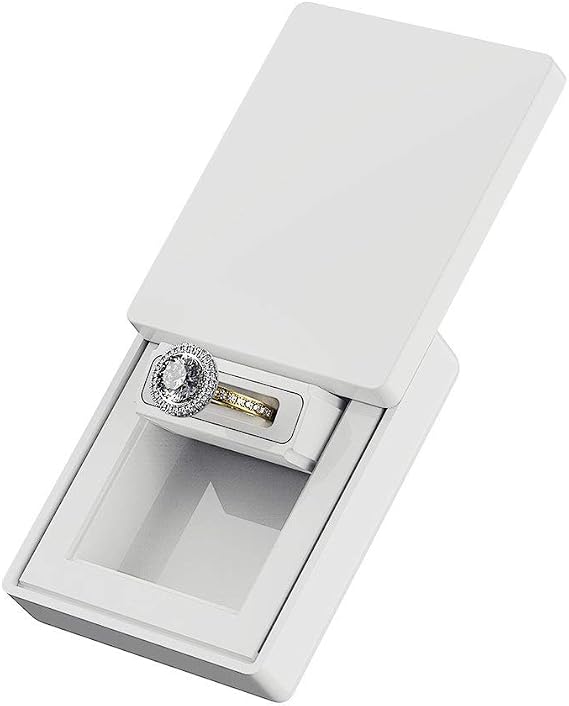 MONOLIX Slim Engagement Ring Box, Thin Unique Sliding Lid, Elegant Discreet Secret Surprise Marriage Wedding Proposal Case (White, MAXI)