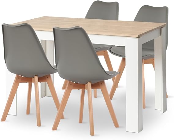 Esstisch mit 4 Stühlen Esszimmergruppe 4er Set Esszimmerstühle und 120CM Rechteckig Holztisch Essgruppe für Wohnzimmer Küche Büro (Eiche-Weiß Tischbein Tisch+4 Grau Stühle)