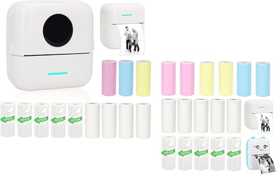 Mini Portable Printer Set + 16 Rolls Thermal Paper Set, Including Sticker/Colored Plain/White Plain Paper, White