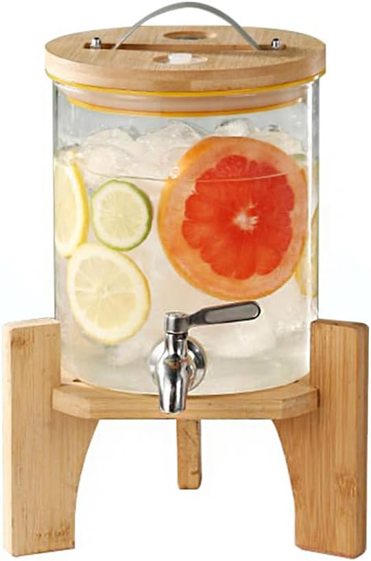 2 Gallon Glass Drink Dispensers, Large Beverage Machine with Wood Stand and Stainless Steel Spigot, Thickened Heat-Resistant Jar for Parties Bars,5L