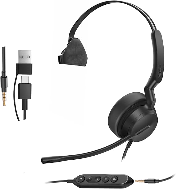 Yealink UH42 SE Wired Headset, USB-A/C & 3.5mm,in-Line Controls, On-Ear | Single-Ear Headphones, Teams/Zoom Certified, Noise Cancelling Mic, PC/Laptop/Phone, 7ft Cable, Call Center, WHF, Dynamic EQ