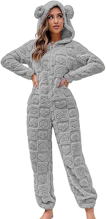 chouyatou Women's Furry Sherpa Onesie Pajamas Lounge Heart Jacquard One Piece Romper Cute Ear Hood Jumpsuit